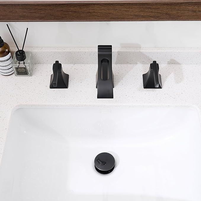 Matte Black Waterfall Bathroom Faucet 3 Hole, Brass 8 Inch Widespread Bathroom Sink Faucet Included Pop-Up Drain, 2 Handles & Pre-Connected cUPC Hose for Vanity, Modern Hollowed Design
