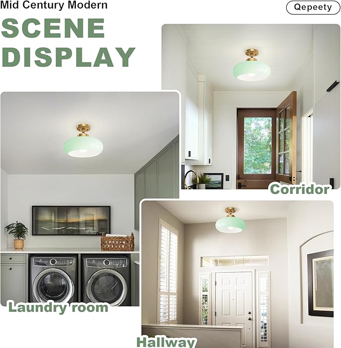 2-Pack Industrial Mint Green Flush Mount Ceiling Light Farmhouse Hallway Light Fixtures Glass Chandelier Vintage Farmhouse Lighting for Hallway Living Room Kitchen Entryway