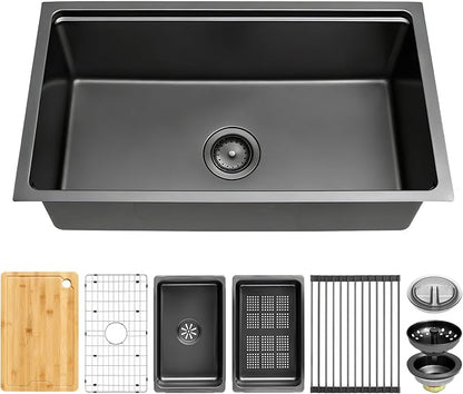 MILOSEN Black Undermount Kitchen Sink, 30x18 Inch T304 Black Stainless Steel Workstation Sink, 9 Inch Deep Single Bowl Kitchen Sink with Bottom Grid and Strainer, Modern Large Kitchen Sink
