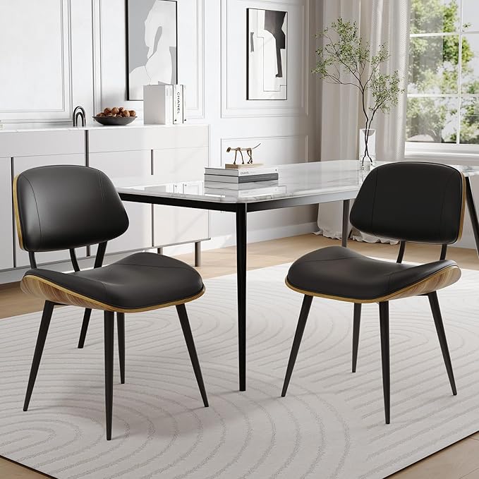 Mid Century Modern Dining Chairs Set of 4, PU Leather Armless Kitchen Chairs with Walnut Bentwood Back & Metal Legs, Sturdy Retro Accent Chairs for Dining Room, Living Room, Black