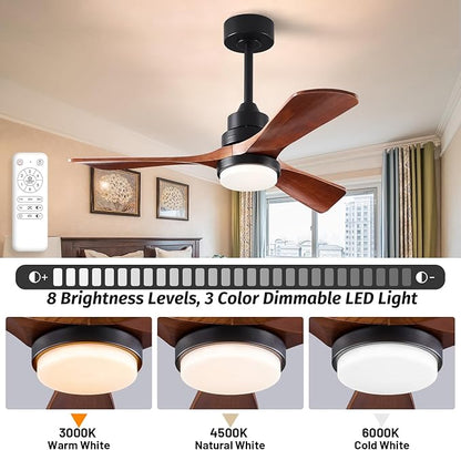 42 inch Wood Ceiling Fans with Lights and Remote, Upgraded Dimmable, Quiet Reversible DC Motor, 3 Blades 6 Speeds Black Ceiling Fan for Farmhouse Living Room Bedroom Dining Room Workroom Study