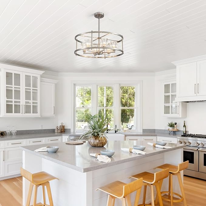 21.7“ Brushed Nickel Chandeliers for Dining Room Over Table Round 6-Light Farmhouse Pendant Lighting Fixtures Drum Ceiling Lights for Living Room Bedroom Home Office