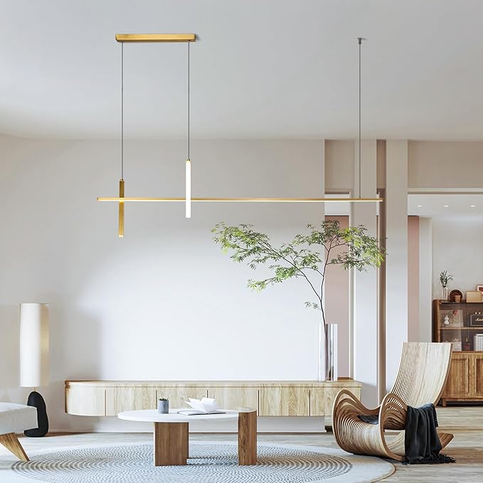 KCO Gold Linear Pendant Lighting Modern LED Dimmable Chandelier Kitchen Island Light Mid Century Sputnik Chandelier Minimalist Adjustable Hanging Lamp for Dining Living Room