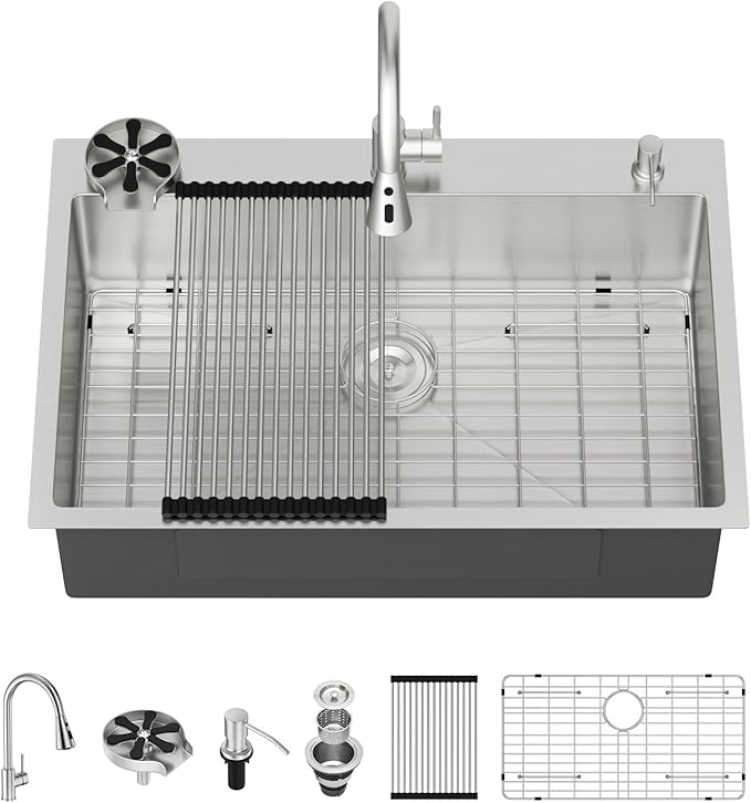 Lordear 33 Inch Drop In Kitchen Sink with Faucet Combo 33 x 22 Stainless Steel Kitchen Sink Top Mount Single Bowl 16 Gauge T304 with Drain Strainer Glass Rinser Soap Dispenser Grid Rollup Rack