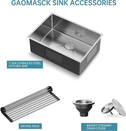 SUS304 Stainless Steel Undermount Single Bowl Kitchen Sink - 27 x 19 x 9 Inch, Handmade With Drying & Strainer, 9'' Depth