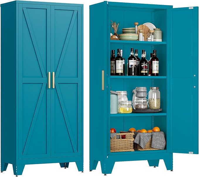 LCAOPC 61" Tall Metal Storage Cabinet with 2 Doors and 3 Adjustable Shelves, 4-Tier Kitchen Pantry Storage Cabinet for Kitchen, Living Room, Dining Room and Office, Blue