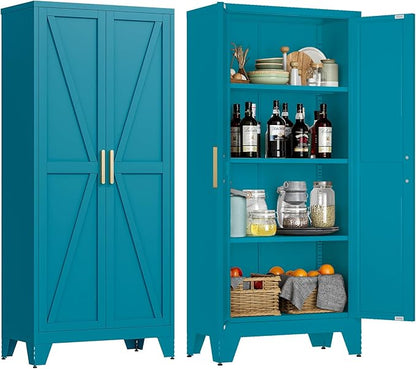 LCAOPC 61" Tall Metal Storage Cabinet with 2 Doors and 3 Adjustable Shelves, 4-Tier Kitchen Pantry Storage Cabinet for Kitchen, Living Room, Dining Room and Office, Blue