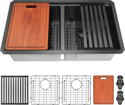 LQS Black Undermount Kitchen Sink, 31 Inch Double Kitchen Sink Stainless Steel 16 Gauge, 10” Depth Workstation Kitchen Sink with Built-In Ledge for Convenient Kitchen and Cooking Life