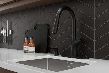 Pfister Ceylon Kitchen Faucet with Pull Down Sprayer and Soap Dispenser, Single Handle, High Arc Spout, Matte Black Finish, NSF Certified, 1-Hole Installation F5297CLOSDB