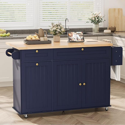 ComfyCorner 60" Rolling Large Kitchen Island on Wheels with Extendable Table, Drop Leaf & Power Outlet, Mobile Kitchen Cart with Storage Cabinet, 2 Drawers, Spice Rack, Towel & Knife Holder, Blue