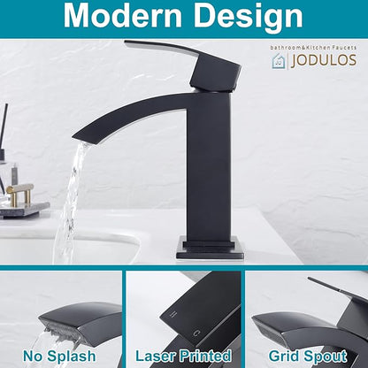 Black Bathroom Faucet, Stainless Steel Bathroom Sink Faucet Single Hole, Lead-Free Vanity Faucet for Bathroom with cUPC Supply Hose and Pop Up Stopper JU-BS100-BK