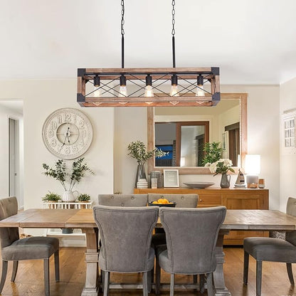Farmhouse Kitchen Island Lighting, 5-Light Dining Room Light Fixture, Farmhouse Linear Chandelier with Solid Wood for Dining Room Kitchen Bar Pool Table
