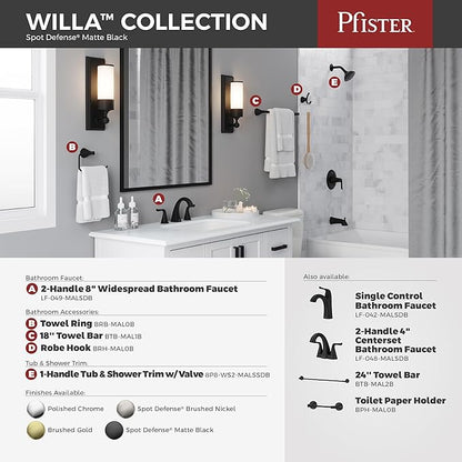 Pfister Willa Bathroom Sink Faucet, 4-Inch Centerset, 2-Handle, 3-Hole, NSF Certified, Spot Defense Matte Black Finish, LF048MALSDB