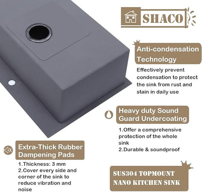 SHACO 28 x 20 Inch Drop in Black Kitchen Sink, Gunmetal Black Top Mount Stainless Steel 9 Inch Deep Single Bowl Laundry Utility Wet Prep Sink