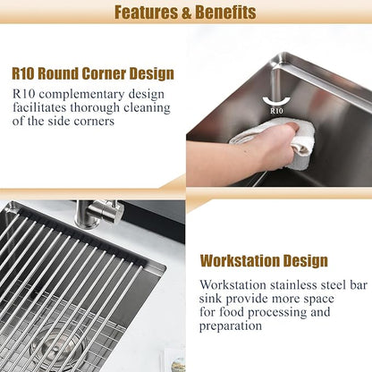 16 Inch Undermount Bar Sink Workstation,16x19 Small Kitchen Sink Bar Sinks Undermount 18 Gauge Stainless Steel Single Bowl Kitchen Prep Wet Bar Sinks with Cutting Board