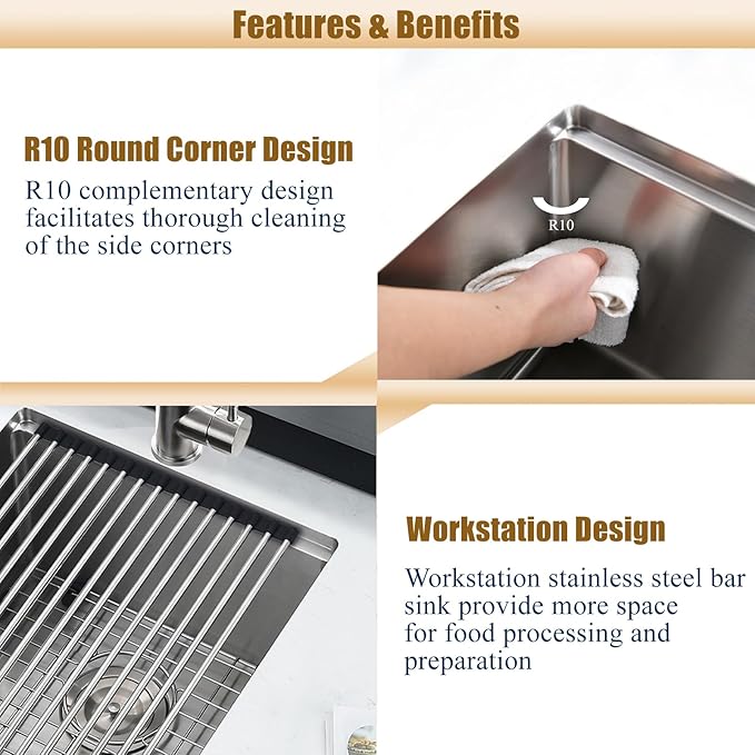 13 Inch Bar Sink Undermount Workstation,13x18 Undermount Bar Sink Small Bar Sinks 18 Gauge Stainless Steel Single Bowl Kitchen Sinks with Cutting Board