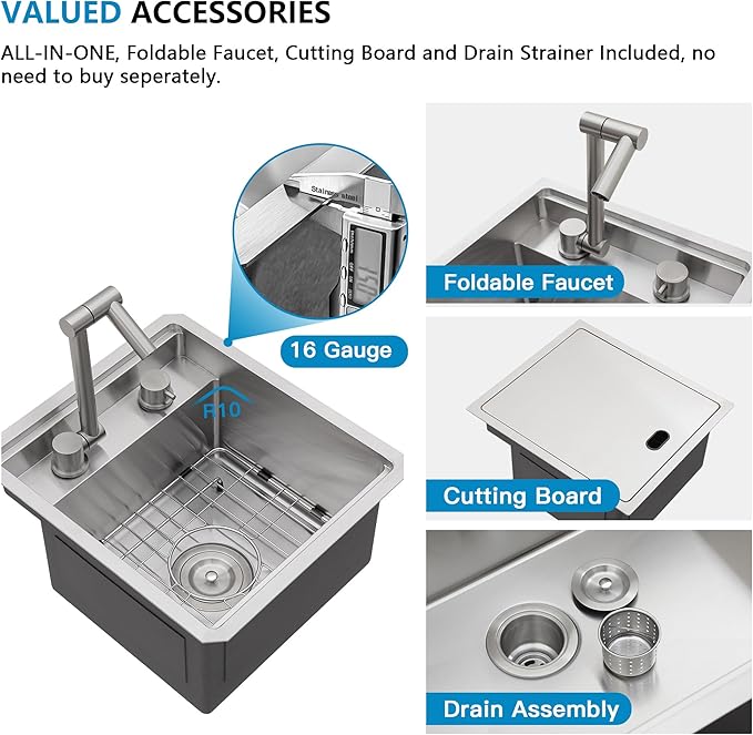 15 Inch Undermount RV Kitchen Sink Workstation - Fulorni 15"x17" Outdoor RV Mobile Camper Wet Bar Prep Sink 16 Gauge 304 Stainless Steel Single Bowl Basin with Foldable Faucet