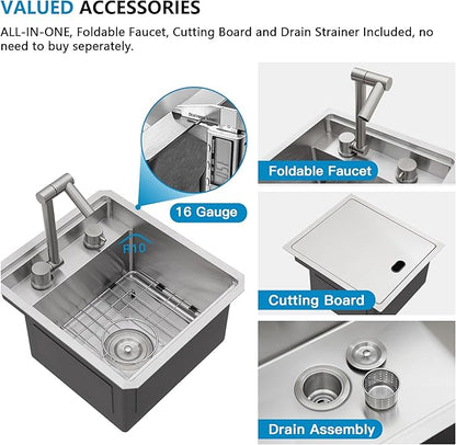 15 Inch Undermount RV Kitchen Sink Workstation - Fulorni 15"x17" Outdoor RV Mobile Camper Wet Bar Prep Sink 16 Gauge 304 Stainless Steel Single Bowl Basin with Foldable Faucet