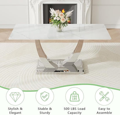 71" Modern Kitchen Table, Faux Marble Dining Room Table with 0.4" Thick Tempered Glass Top, White Dining Table with Silver U-Shaped Metal Base for Kitchen Dining Room