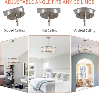 21.7“ Brushed Nickel Chandeliers for Dining Room Over Table Round 6-Light Farmhouse Pendant Lighting Fixtures Drum Ceiling Lights for Living Room Bedroom Home Office