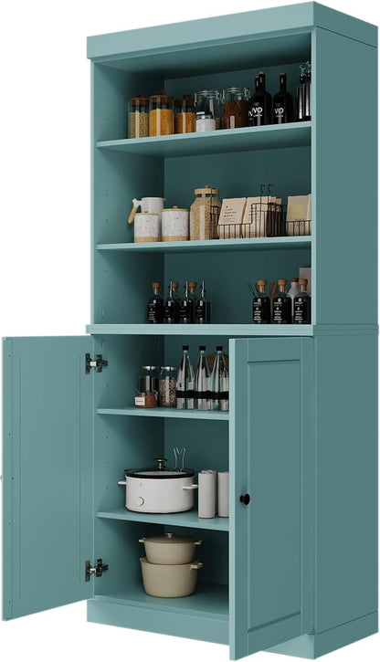 Palace Imports 100% Solid Wood Kitchen Pantry w/ 2 Wood Doors, Aqua, 32" w x 71.5" h, Renewable Eco-Friendly Pine, Made in Brazil
