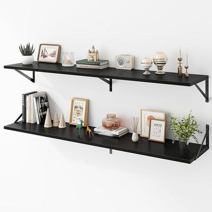Acovy Deep Floating Shelves Wall Mounted, 55"x12" Black Wall Shelves with Brackets Set of 2 for Bedroom, Living Room, Bathroom, Kitchen, Office - Storage & Display Shelf for Decor, Books, Plants