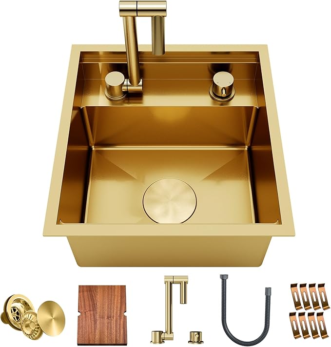 TORVA Gold Stainless Steel RV Sink, 16x17x9 Inch Undermount Single Bowl Kitchen Sink, Nano Coating, 16 Gauge Durable Bar Sink for RV, Camper, Trailer, and Small Kitchen