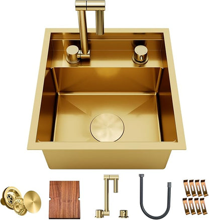 TORVA Gold Stainless Steel RV Sink, 16x17x9 Inch Undermount Single Bowl Kitchen Sink, Nano Coating, 16 Gauge Durable Bar Sink for RV, Camper, Trailer, and Small Kitchen