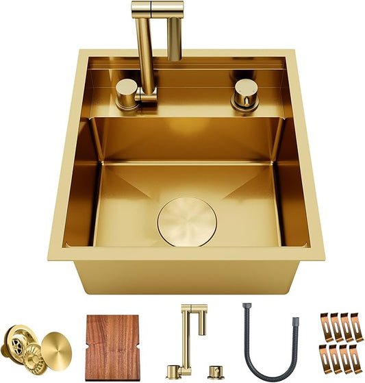 TORVA Gold Stainless Steel RV Sink, 16x17x9 Inch Undermount Single Bowl Kitchen Sink, Nano Coating, 16 Gauge Durable Bar Sink for RV, Camper, Trailer, and Small Kitchen