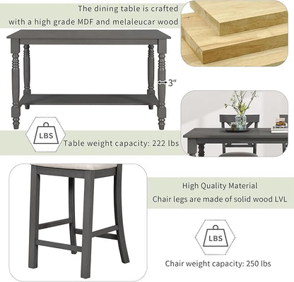 VilroCaz Modern Elegant 6-Piece Counter Height Kitchen Dining Table Set, Solid Wood 60'' Rectangle Table with Bottom Shelf, 4 Comfort Upholstered Chairs 1 Bench for Dining Room Restaurant (Gray)