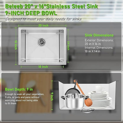 Undermount Kitchen Sink 20"x16", 9" Basin Depth, 3D Embossed Stainless Steel Sink Single Bowl with Accessories