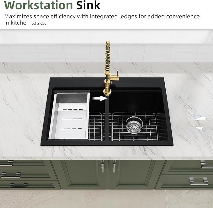 Davivy 33 Inch Black Drop in/Top Mount Double Bowl Kitchen Sink, 50/50 Split Black Granite Composite Double Kitchen Sink Workstation, Deep Double Bowl Design with Accessories