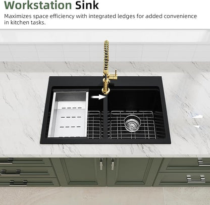 Davivy 33 Inch Black Drop in/Top Mount Double Bowl Kitchen Sink, 50/50 Split Black Granite Composite Double Kitchen Sink Workstation, Deep Double Bowl Design with Accessories
