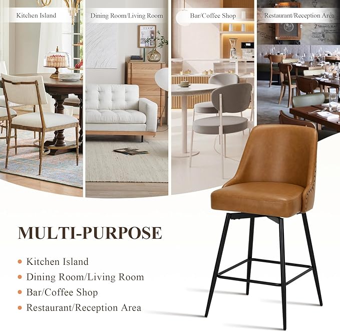 MALOL Bar Stools Set of 6, 26" Swivel Counter Height Chairs with Back,Thick Padded Seat & Footrest,Modern Faux Leather Barstool for Kitchen Island,Dining Room,Pub,Brown