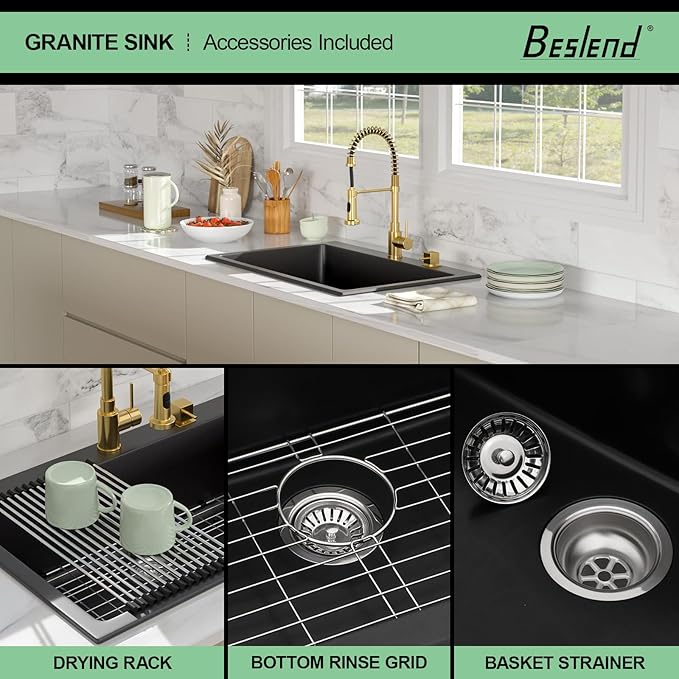 33 Granite Composite Kitchen Sink - Beslend 33x22 Inch Drop In Granite Kitchen Sink Topmount Black Quartz Sinks Classic Above Counter Single Bowl Basin