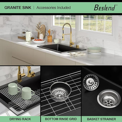 33 Granite Composite Kitchen Sink - Beslend 33x22 Inch Drop In Granite Kitchen Sink Topmount Black Quartz Sinks Classic Above Counter Single Bowl Basin
