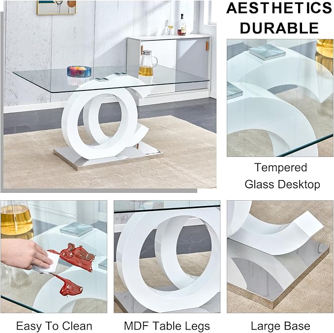 Ebullient 63" Glass Dining Table, Modern Rectangular Glass Kitchen Table, Tempered Glass Top with White OC Design Base Dining Room Table for 4-6，Kitchen