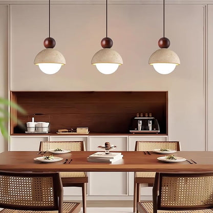 Japanese Wabi sabi Pendant Light with Natural Stone Shade, Dimmable Modern Wood Hanging Lamp Fixture, Adjustable Height Pendant Lamp for Bedroom, Kitchen Island, Dining Room, Restaurant, Cafe, Bar (I)