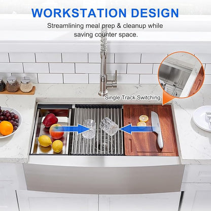 33 Inch Farmhouse Sink, 33x20 Stainless Steel Undermount Single Bowl Apron Front Handmade 16 Gauge 9" Deep Farm Kitchen Sink Workstation with Accessories