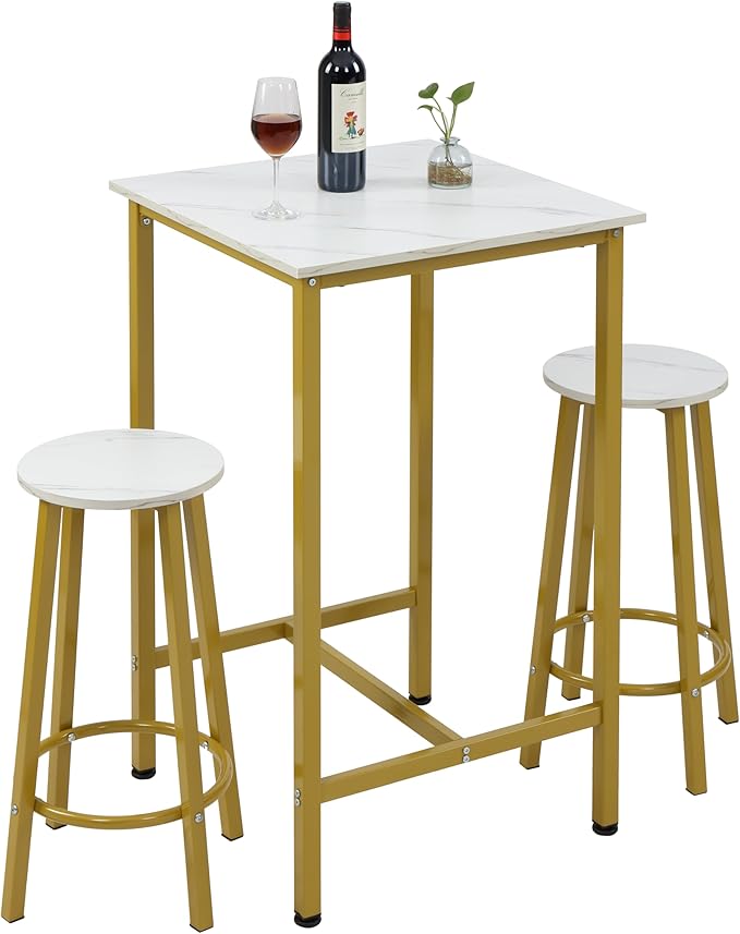 Finnhomy Bar Table Set, 23.6" Pub Table High Top Table, Square Bar Height Table, Bar Table with Stools, Kitchen Table Set for 2, Industrial Breakfast for Kitchen, Living Room, Gold