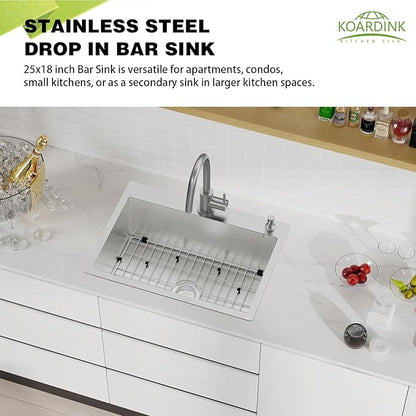 Kitchen And Bar Sink, 25x18 Inch Stainless Steel Drop In Kitchen Sink Modern Single Bowl Topmount Bar Sink Combo-SS Grid,Spoon Rest,Drain Strainer Set Compatibility With Various Kitchen & Bar Style