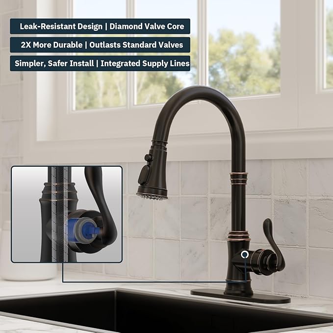 BWE Solid Brass Kitchen Faucet, Oil Rubbed Bronze Kitchen Sink Faucet with Pull Down Sprayer, 3 Spray Modes, Single Handle High Arc, with Deck Plate, Commercial/Farmhouse/Bar Sink Faucet