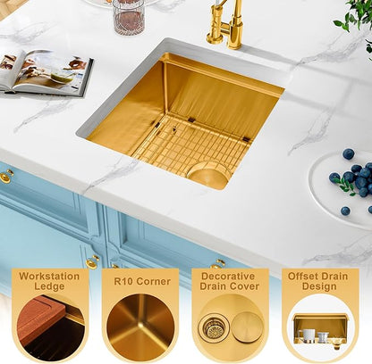 Gold Bar Sink Undermount,Small Bar & Prep Sinks,16 gauge Stainless Steel Bar Sink with Workstation for Wet Bar Area,Special Offset Drain Design (16" X 18")