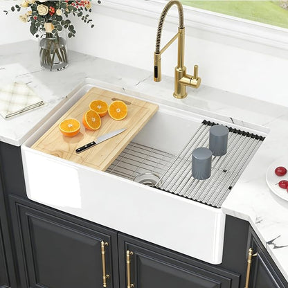 White Farmhouse Sink Fireclay Workstation Apron Front Farmer Kitchen Sink 33"x20" Undermount Single Bowl Kitchen Sink with Accessories