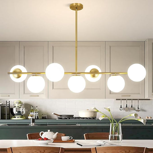 KELUOLY Linear Chandelier for Dining Room, 7-Light Gold Mid Century Pendant Light, 45" Modern Sputnik Kitchen Light Fixture Brushed Brass Finish with White Glass Lampshade for Office, Cafe, bar