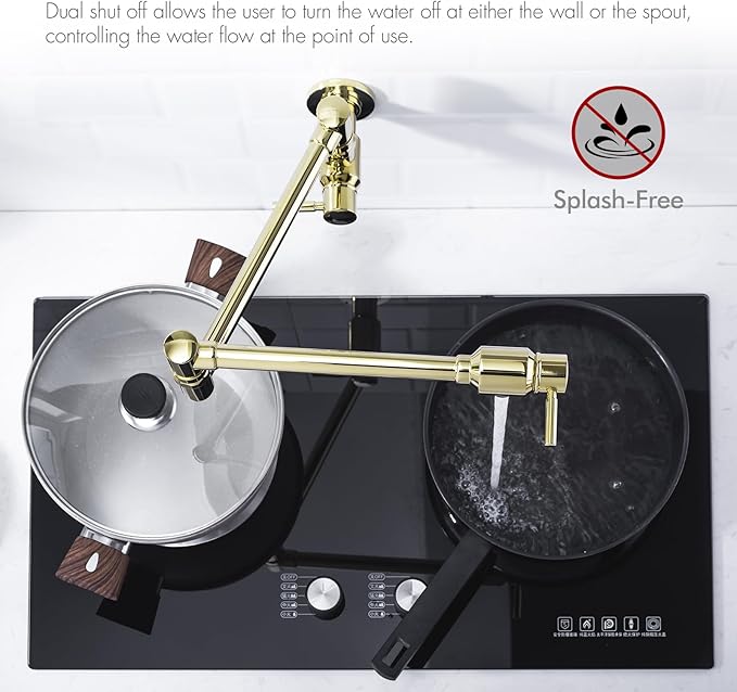 BAGNOLUX Pot Filler, Wall Mount Commercial Pot Filler Faucet Over Stove, Copper Material Brass Kitchen Faucet Folding with Stretchable Double Joint Swing Arm 23.4 inch, Polished Gold-PVD