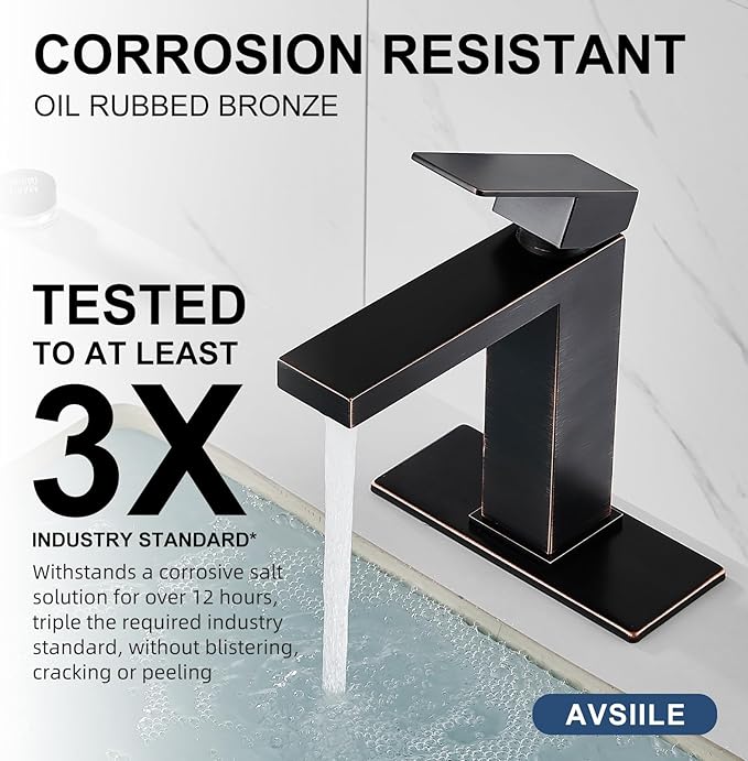 AVSIILE Oil Rubbed Bronze Bathroom Faucet, Single Hole Vanity Bath Faucet, Single Handle Modern Stainless Steel Bathroom Faucets for Sink 1 Hole with Pop Up Drain Stopper & Water Supply Hoses