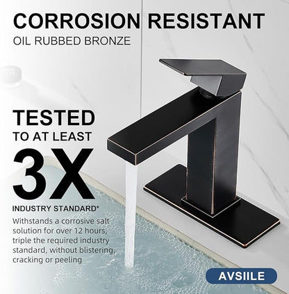 AVSIILE Oil Rubbed Bronze Bathroom Faucet, Single Hole Vanity Bath Faucet, Single Handle Modern Stainless Steel Bathroom Faucets for Sink 1 Hole with Pop Up Drain Stopper & Water Supply Hoses