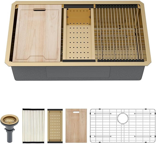 28 Gold Kitchen Sink - Kichae 28"x18" Gold Undermount Kitchen Sink Stainless Steel 16 Gauge Ledge Workstation Single Bowl Deep Round Corner Handmade Basin For Luxury Kitchens