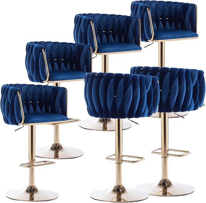 Rhomtree 24-32 Inch Swivel Bar Stools, Adjustable Counter Height Barstools with Nailheads Trim, Velvet Woven Tufted Back and Golden Footrest, Upholstered Bar Chairs Bar Kitchen Island(Navy Set of 6)